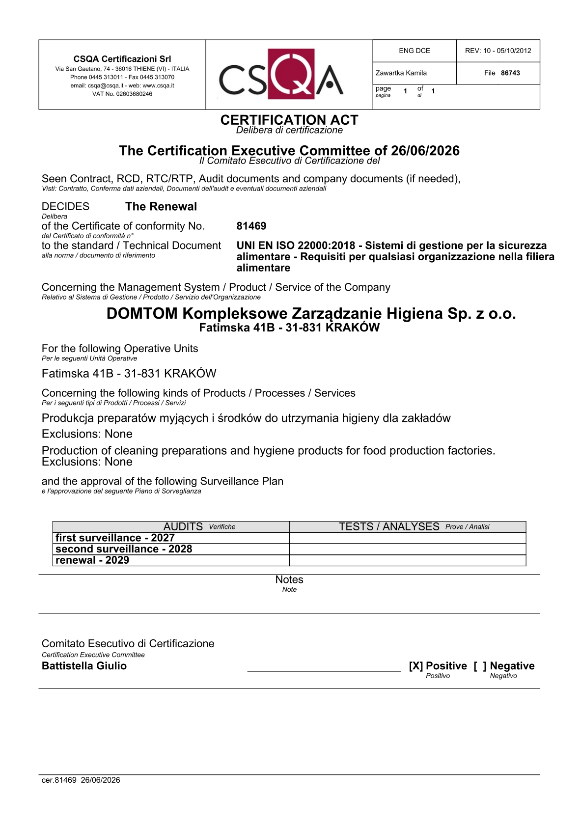 Certyfikat ISO 22000:2018