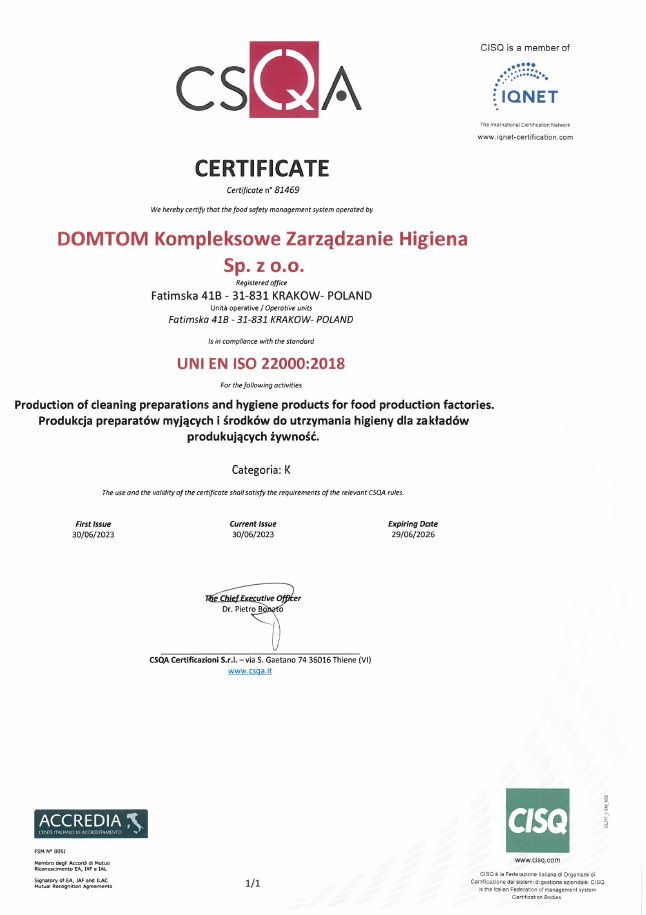 Certyfikat ISO 22000:2018